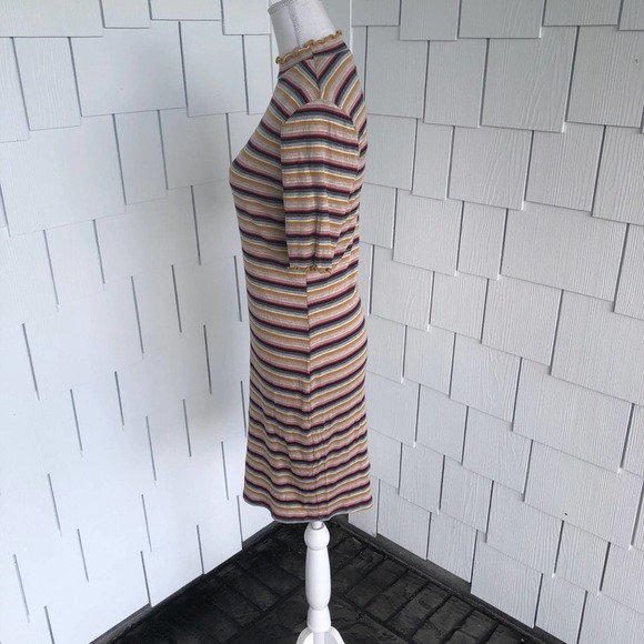 Socialite Women's Pink/Mustard Striped Lettuce Trim Mock Neck Bodycon Dress sz L - Picture 3 of 4